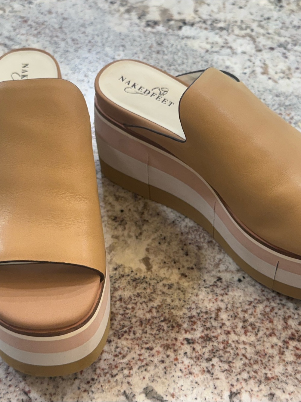 Naked Feet Cognac Leather Platform Mules with Striped Sole